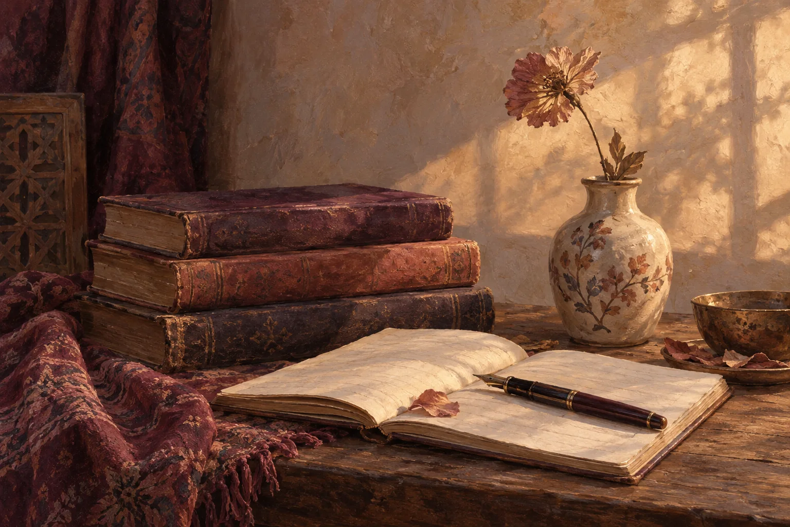 د کتابونو، قلم او ګل هنري انځور